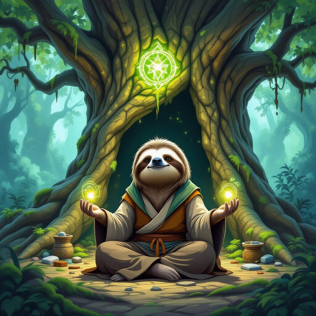 Wise Sloth Hermit in Enchanted Forest Tree