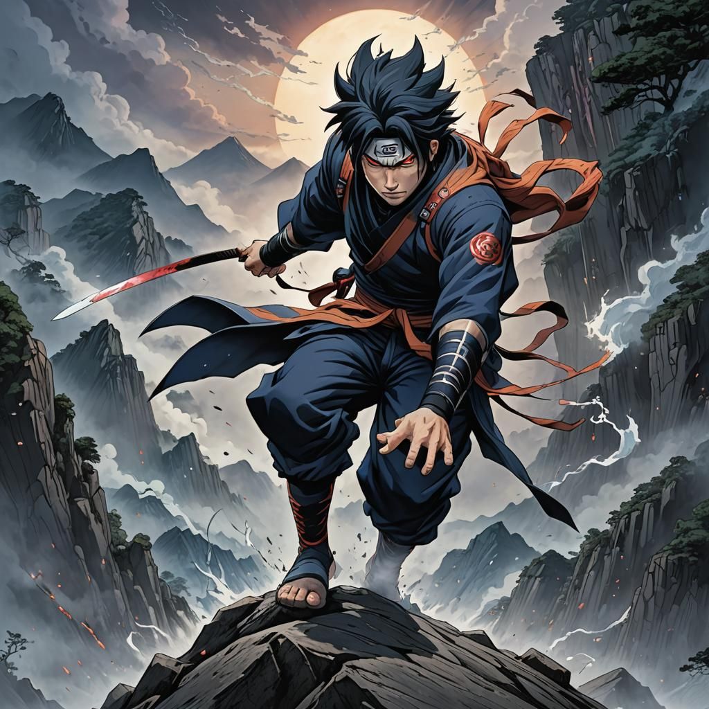 Sasuke in Dynamic Pose on Misty Peak as Comic Art