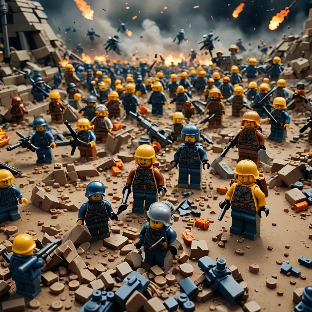 Lego Soldiers in Chaotic Battlefield: Cinematic Still