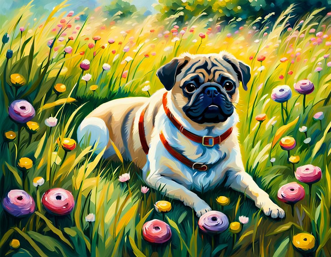 Pug in Meadow: Impressionist Oil Painting