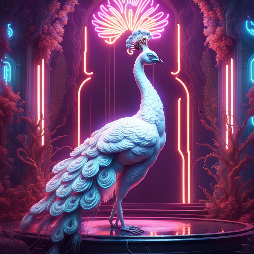 Detailed Neon White Peacock Digital Art