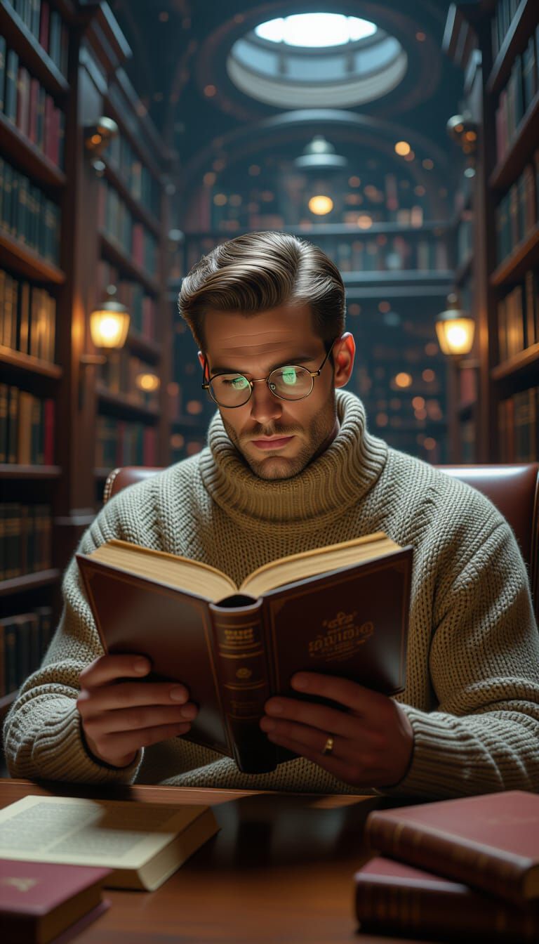 Man Reads Novel in Futuristic Library, Cinematic Style