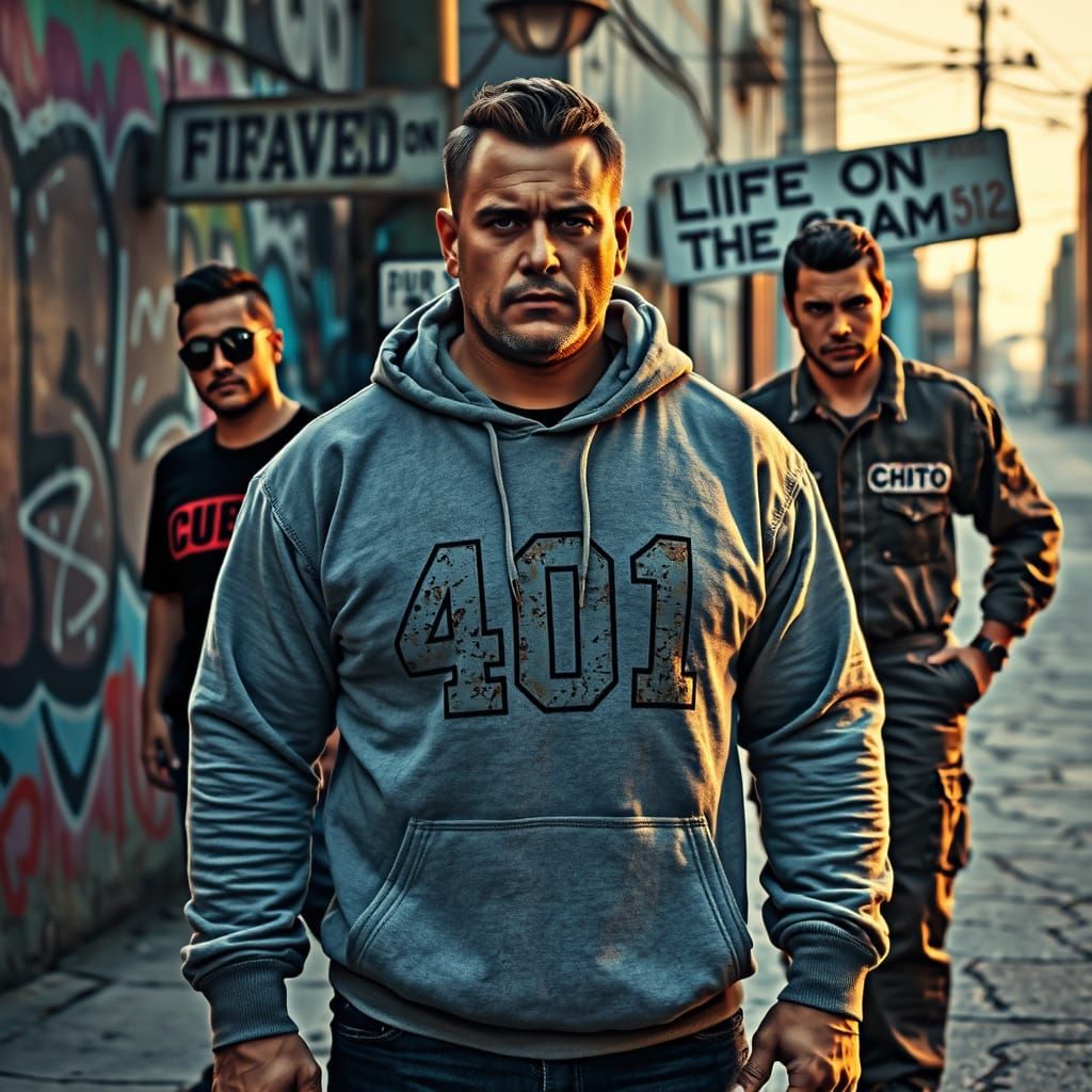 Tough Urban Trio Standing on a Graffiti-Scarred Street