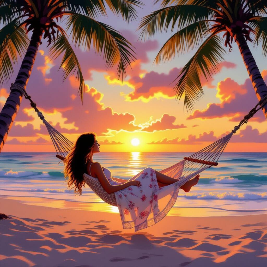 Woman in Hammock at Sunset on Tropical Beach