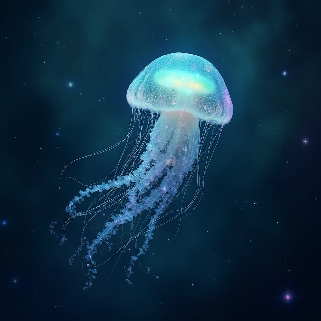 Bioluminescent Jellyfish Drifting Through a Nebula