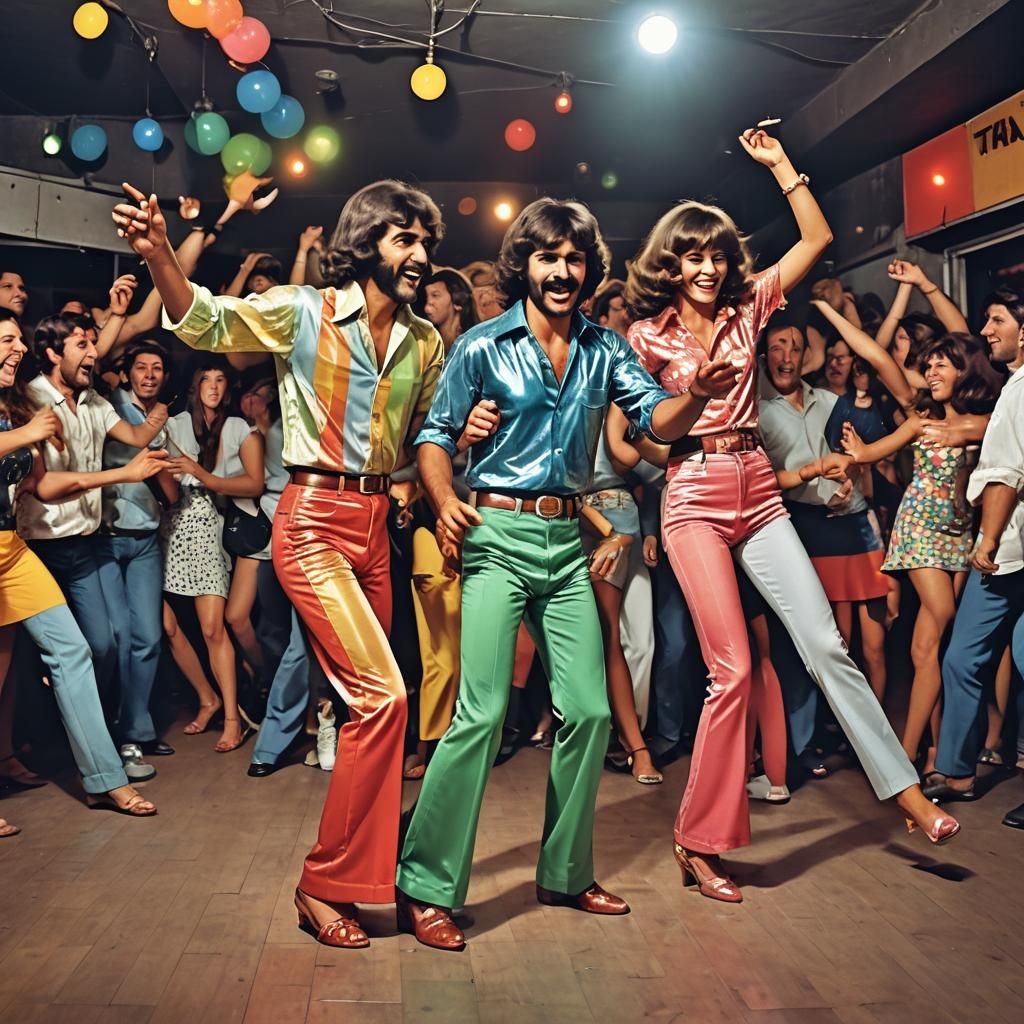 Vibrant 70s Disco Scene with Dancing Figures
