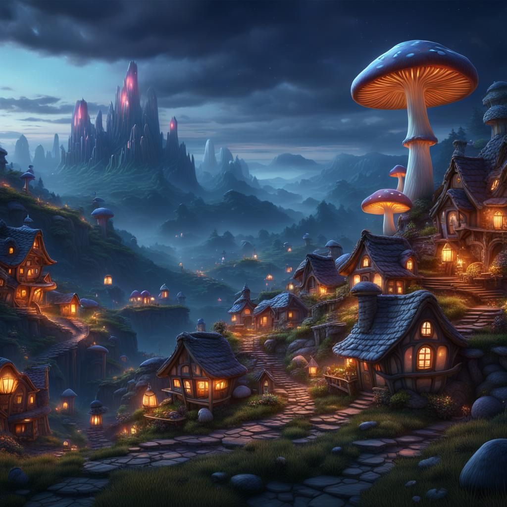 Mushroom Village on Mountainside at Twilight