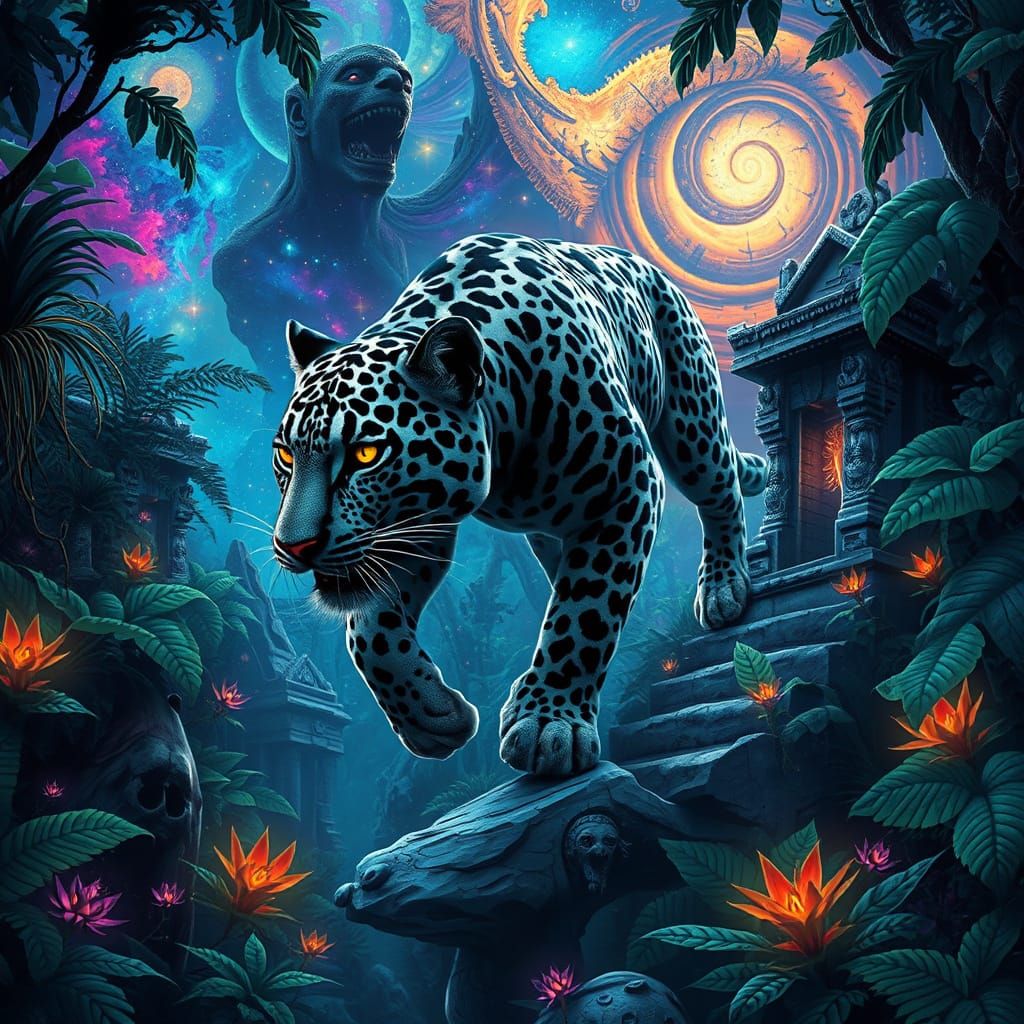 Celestial Jaguar Prowls Ancient Jungle Temple Ruins