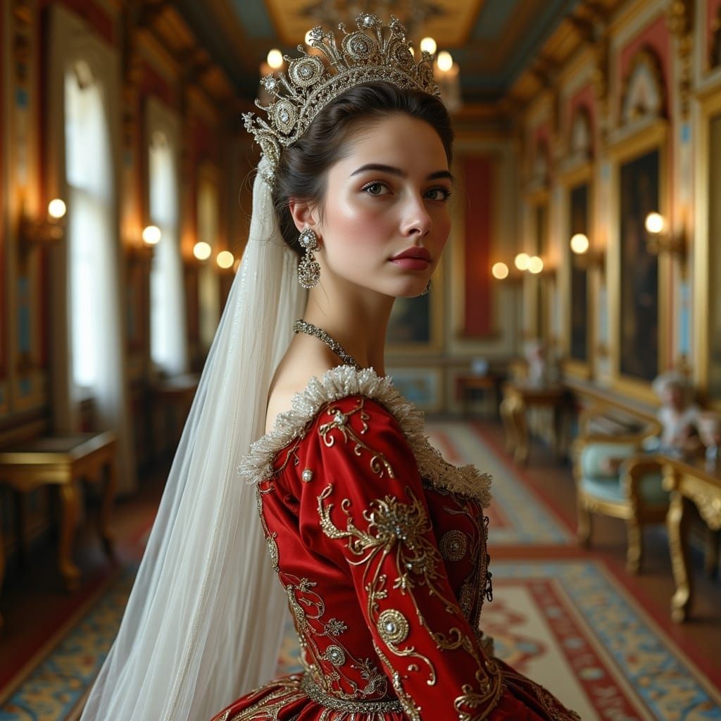 Stunning Russian Noblewoman in Regal Red Brocade Gown