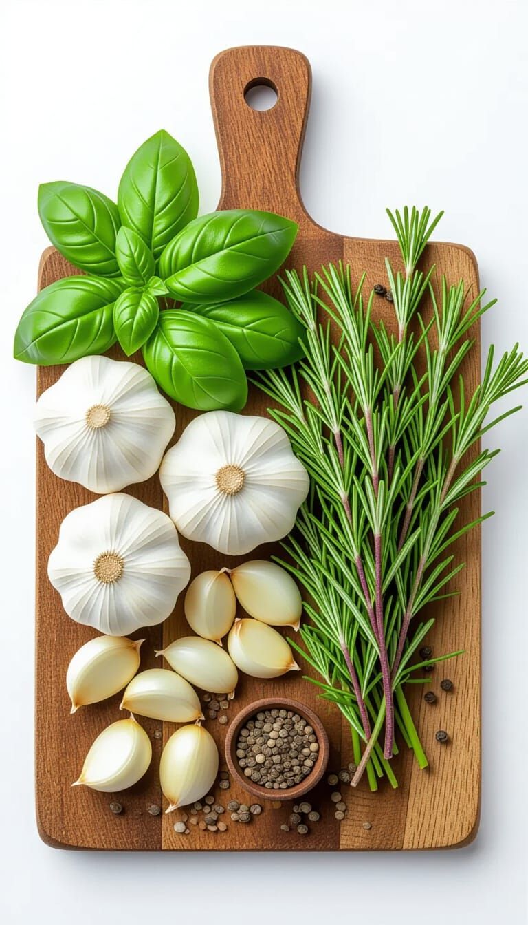Fresh Herbs and Garlic on Rustic Board