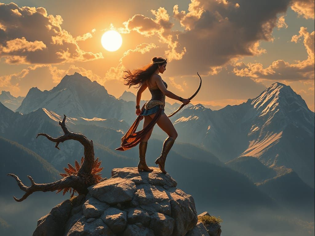 Diana Goddess of the Hunt in Majestic Olympian Landscape