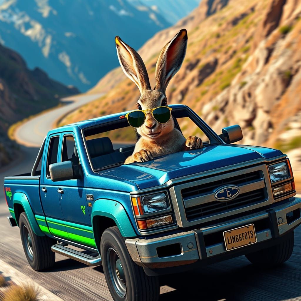 Surreal Hare Drives Pickup Truck Down Mountain Road in Vibra...