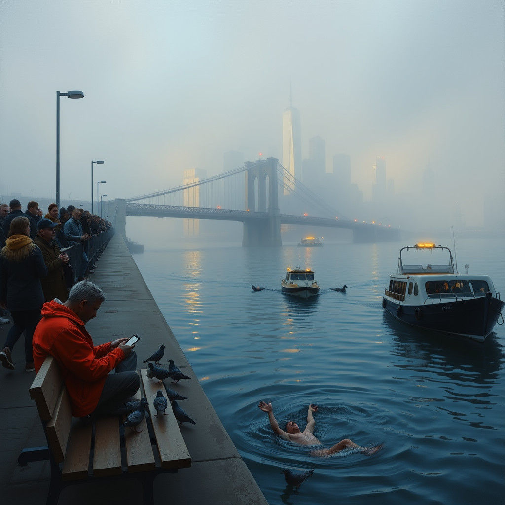 Foggy Brooklyn Bridge Dusk Scene as Oil Painting