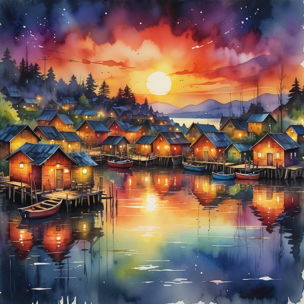 Sunset Over Fishing Village in Watercolor Style