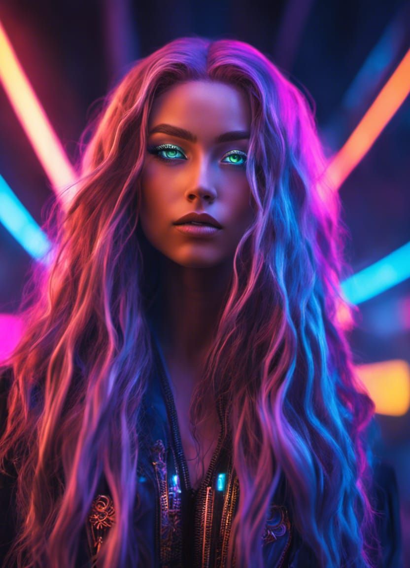 Neon Cyberpunk Goddess with Flowing Hair