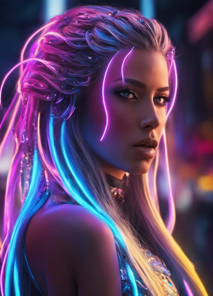 Neon Cyberpunk Goddess with Flowing Hair