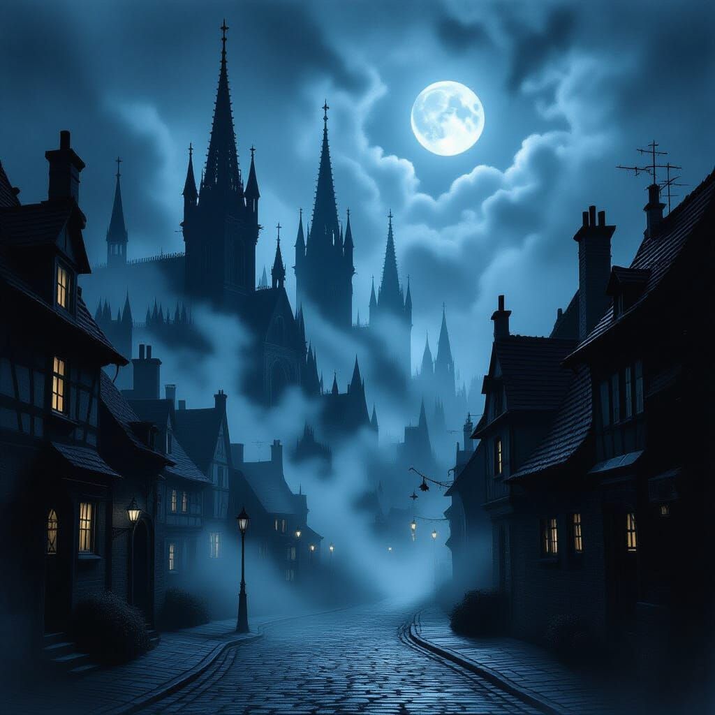 Gothic Midnight Scene with Towering Spires