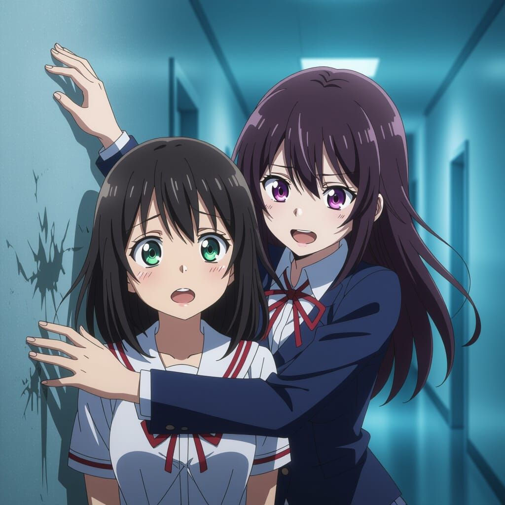 Yandere Anime Girl Pins Innocent Girl Against Wall