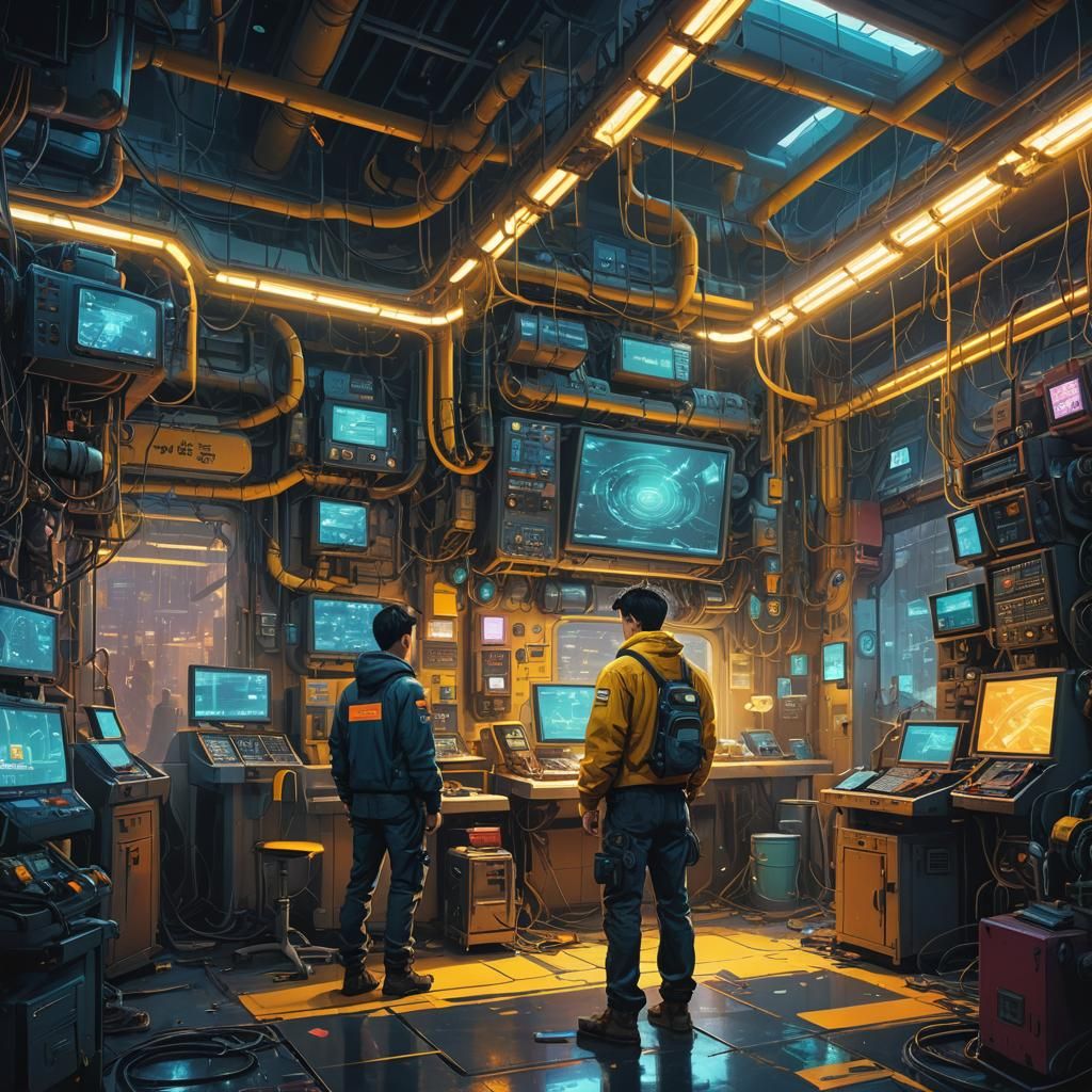 Futuristic Computer Shop with Neon Cyberpunk Style