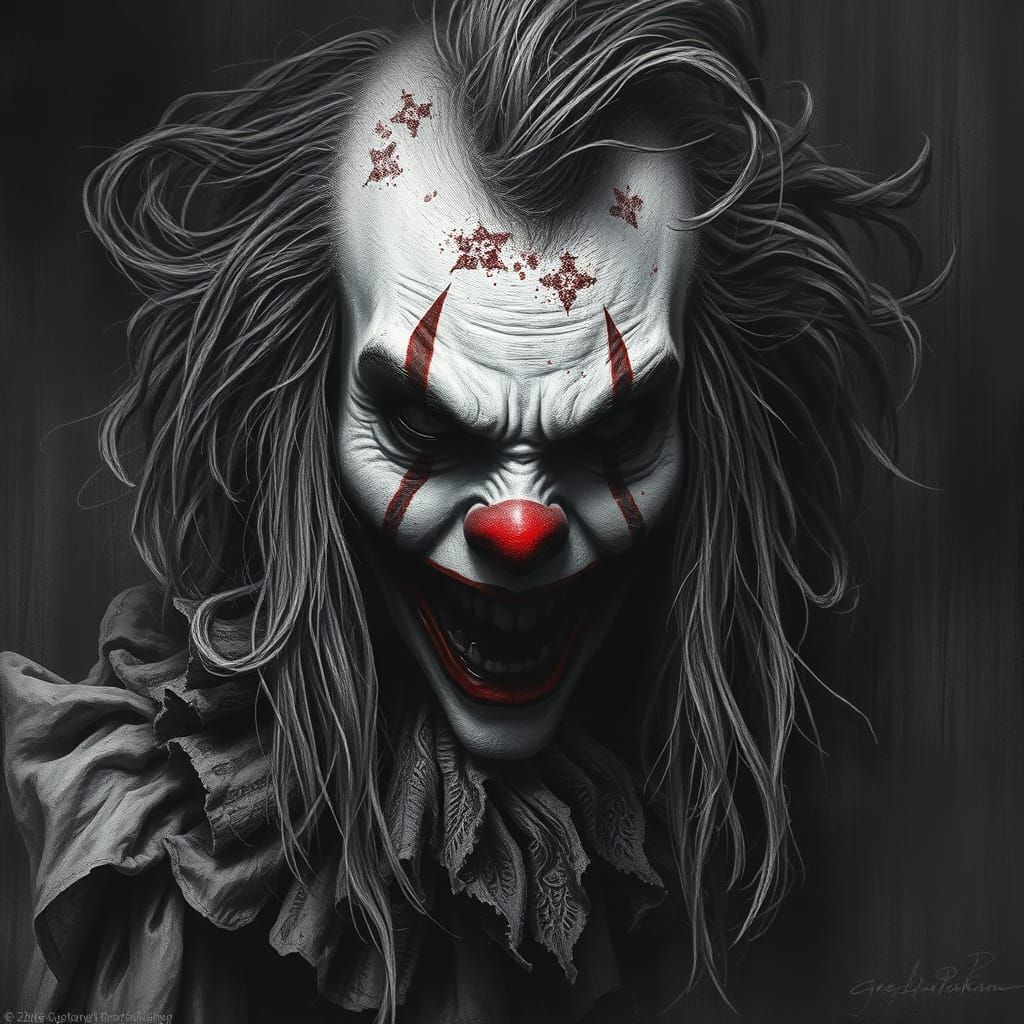 Macabre Clown in Monochrome with Bloody Nose