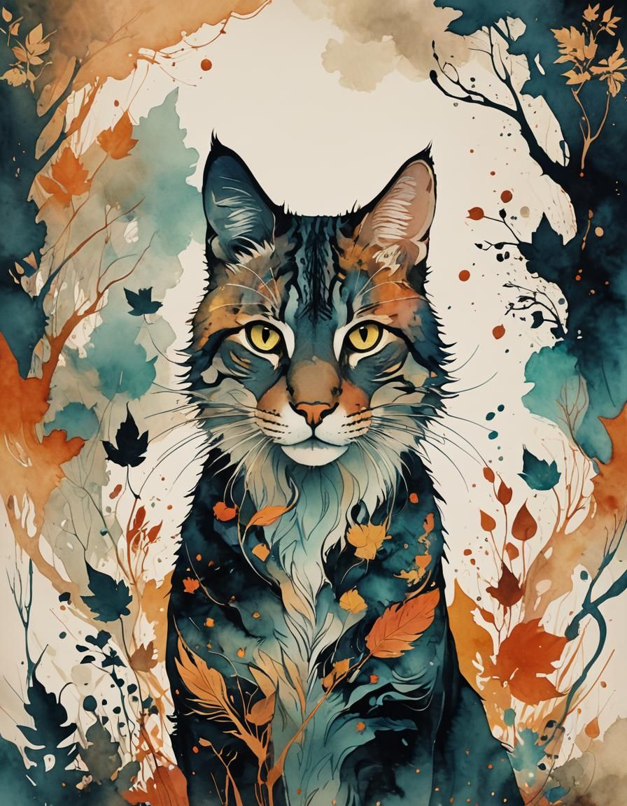 Mystical Cat-Dog Creature in Watercolor and Ink