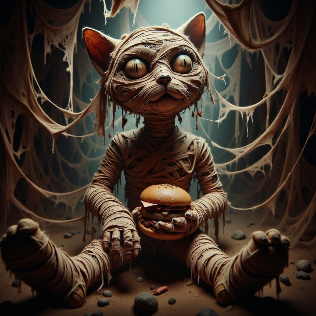 Whimsical Mummy Voodoo Doll with Hamburger