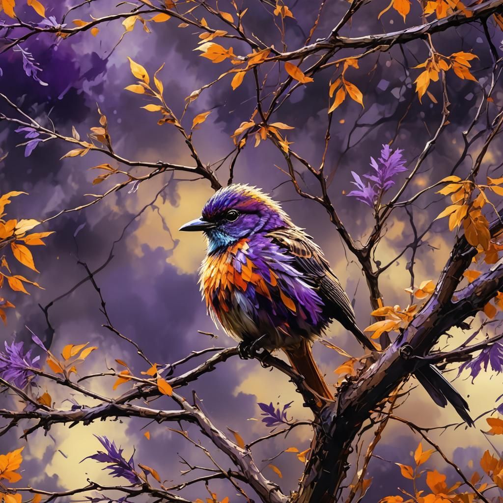 Summer Tree Bird in Impressionist Pop Art Style