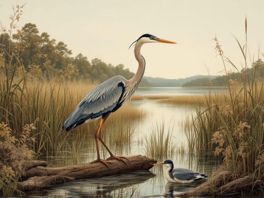 Tricolored Heron in Marshland, Natural History Art