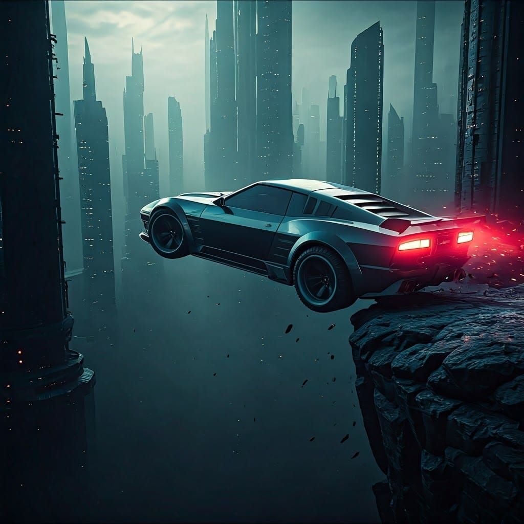 Cyberpunk Car Plunges into Dystopian Abyss