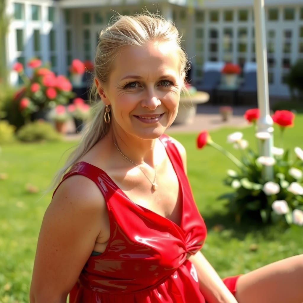Blonde Woman in Red Dress Sunbathing in Garden