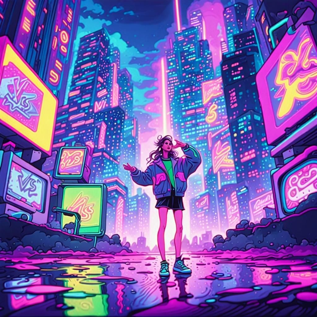 Synthwave Dancer in Neon Retro Cityscape