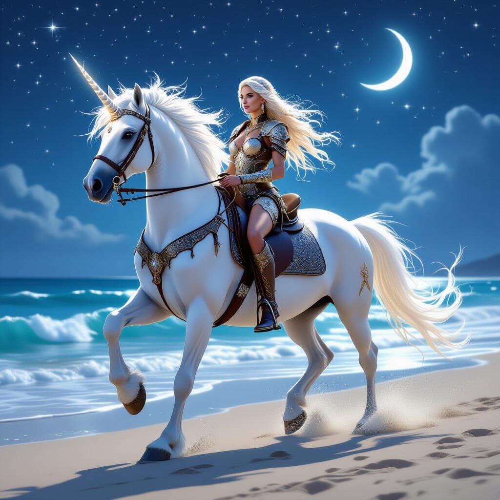 Ethereal Unicorn Gallops on Starlit Beach with Warrior Rider