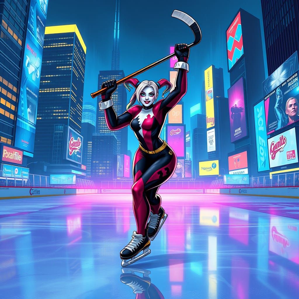Harley Quinn on Neon Rink in Comic Book Art