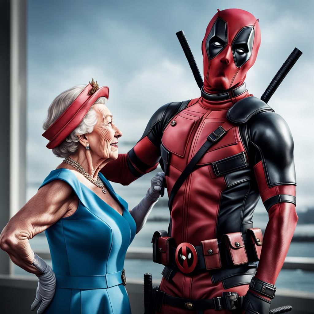 Queen Elizabeth II Spanks Deadpool: Hyperrealistic Art