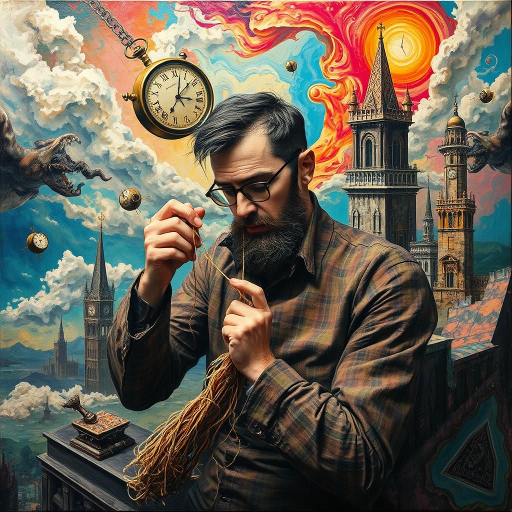 Surreal Dream: Man Unraveling Thread in Dreamscape