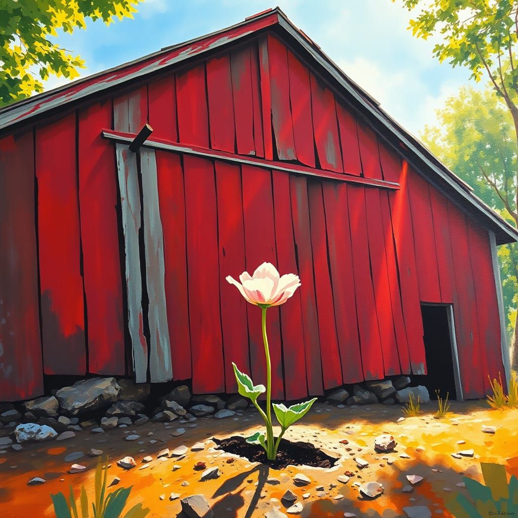 Vibrant Barn and Resilient Flower in Gouache Style