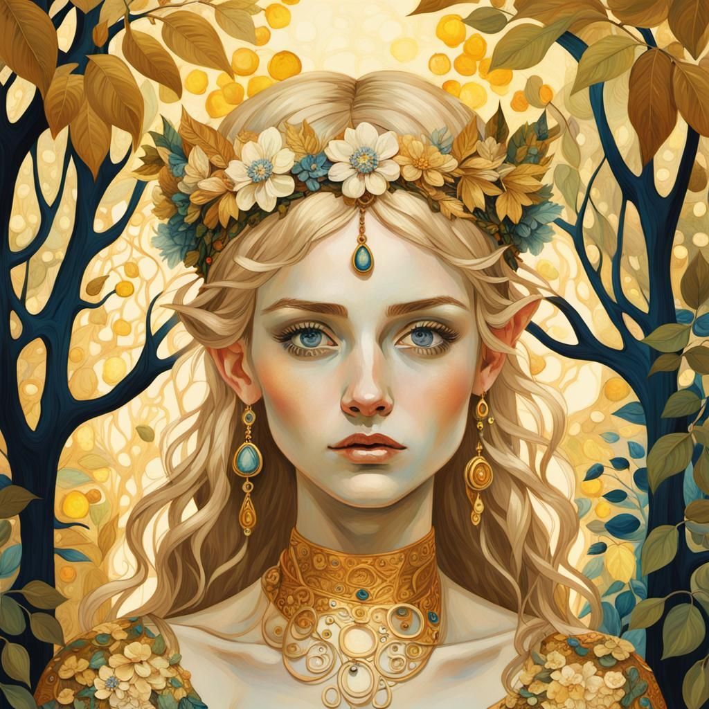 Elf Girl in Golden Forest, Art Nouveau Style