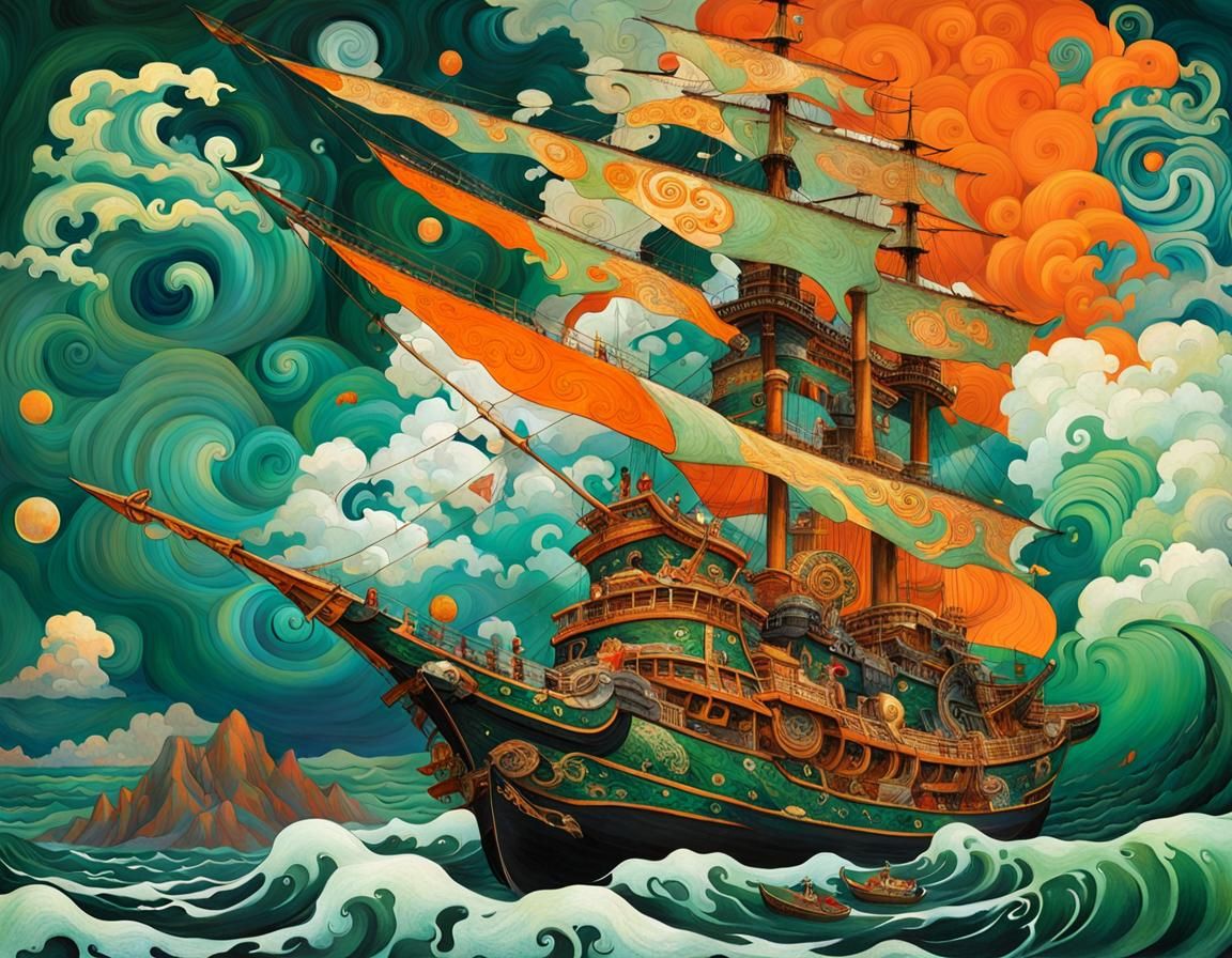 Samurai Corsair Ship in Klimt-Mucha Style