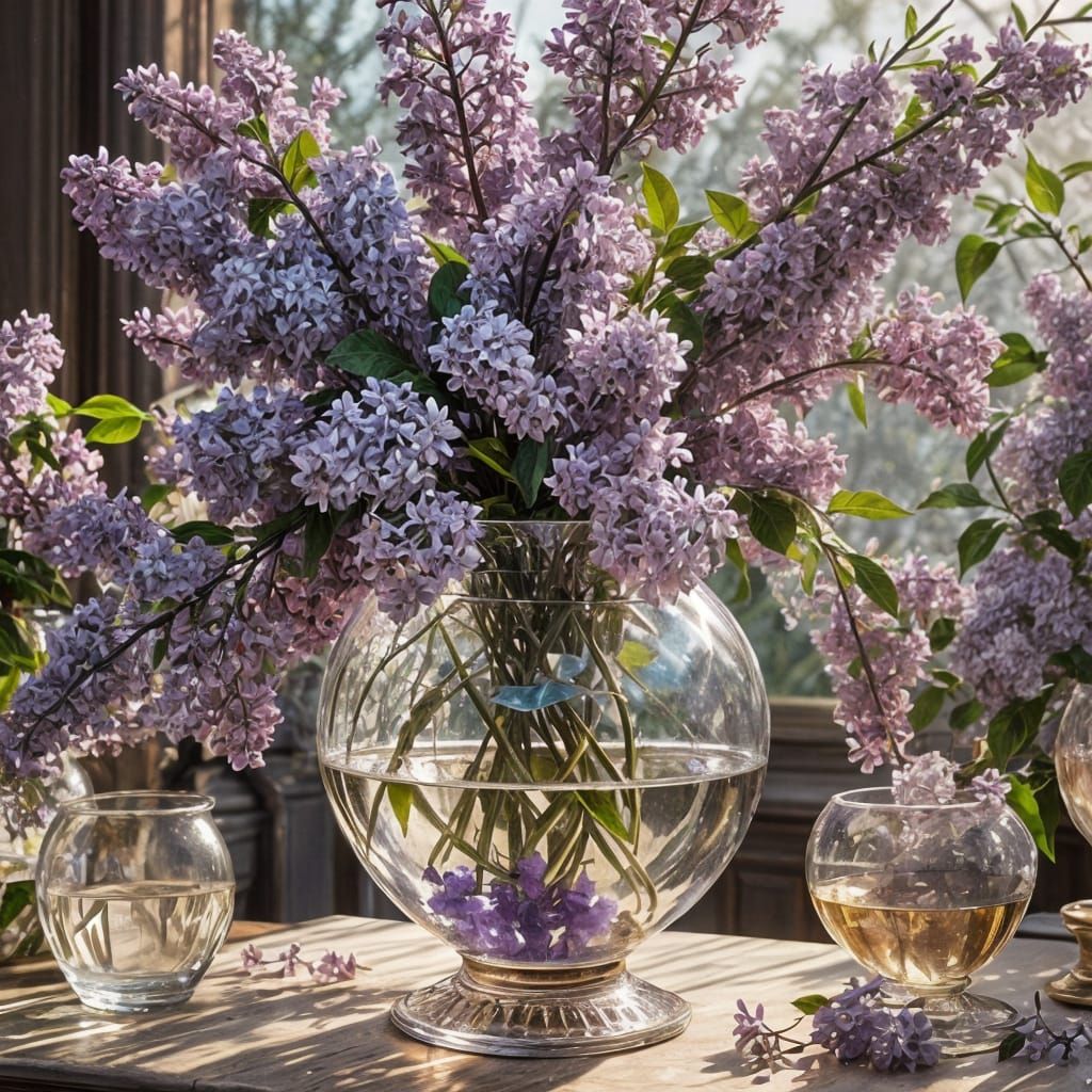 Lilac in Crystal Vase: Hyperdetailed Concept Art