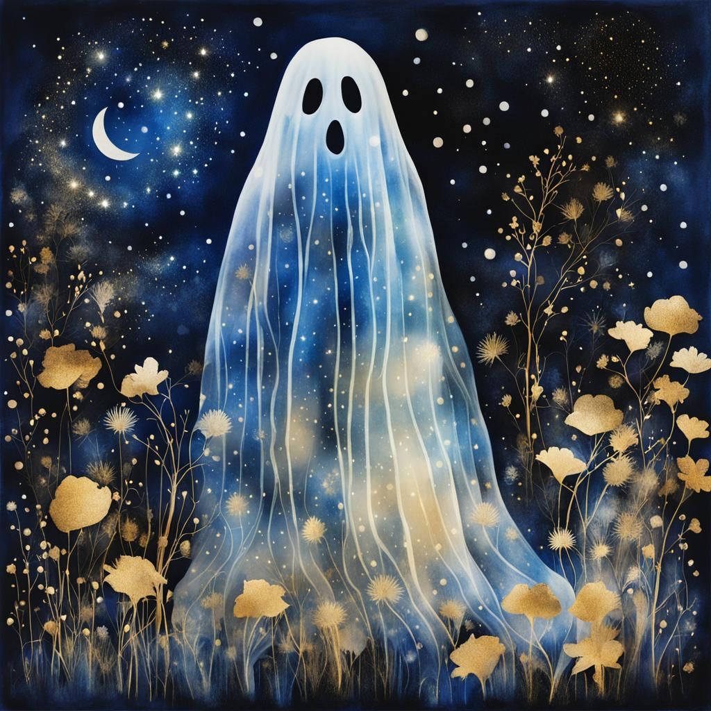 Friendly Ghost Wanders Garden in Dreamy Double Exposure