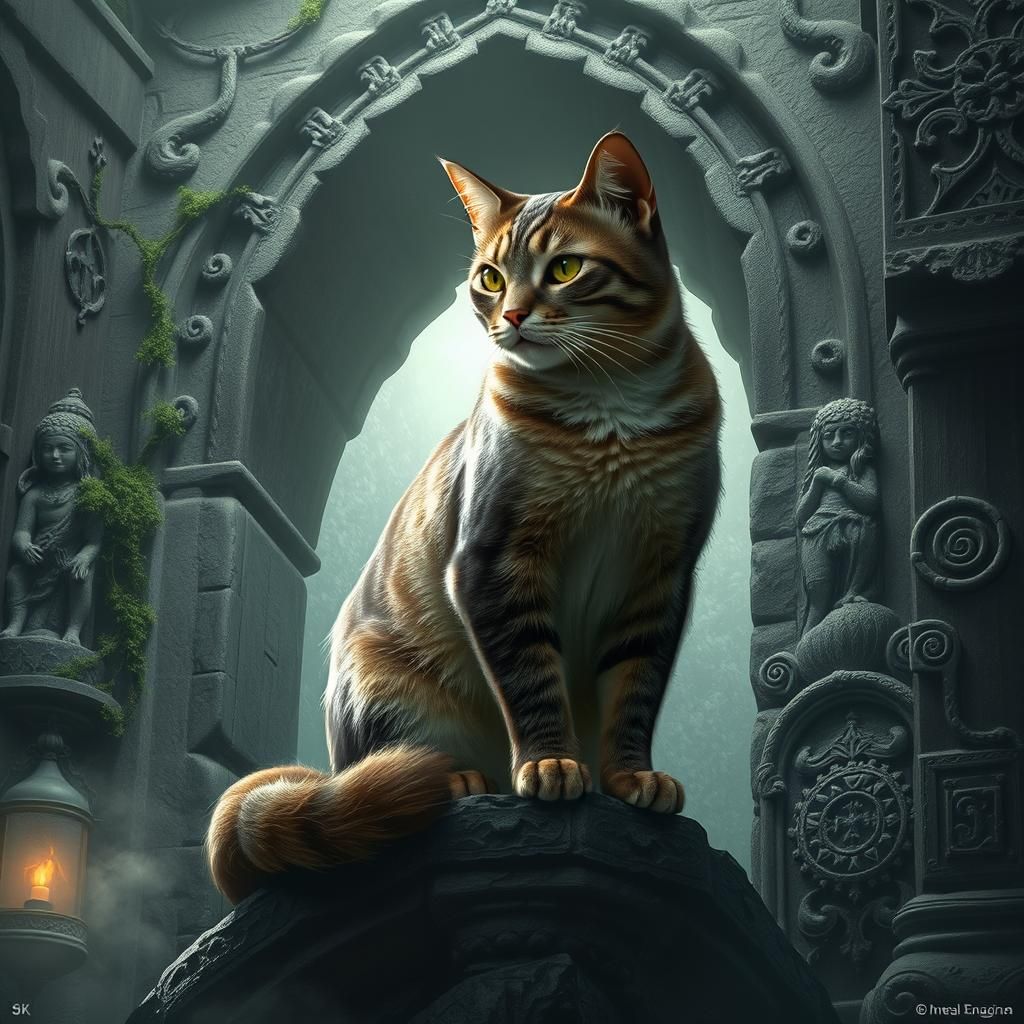Regal Cat on Ancient Stone Archway