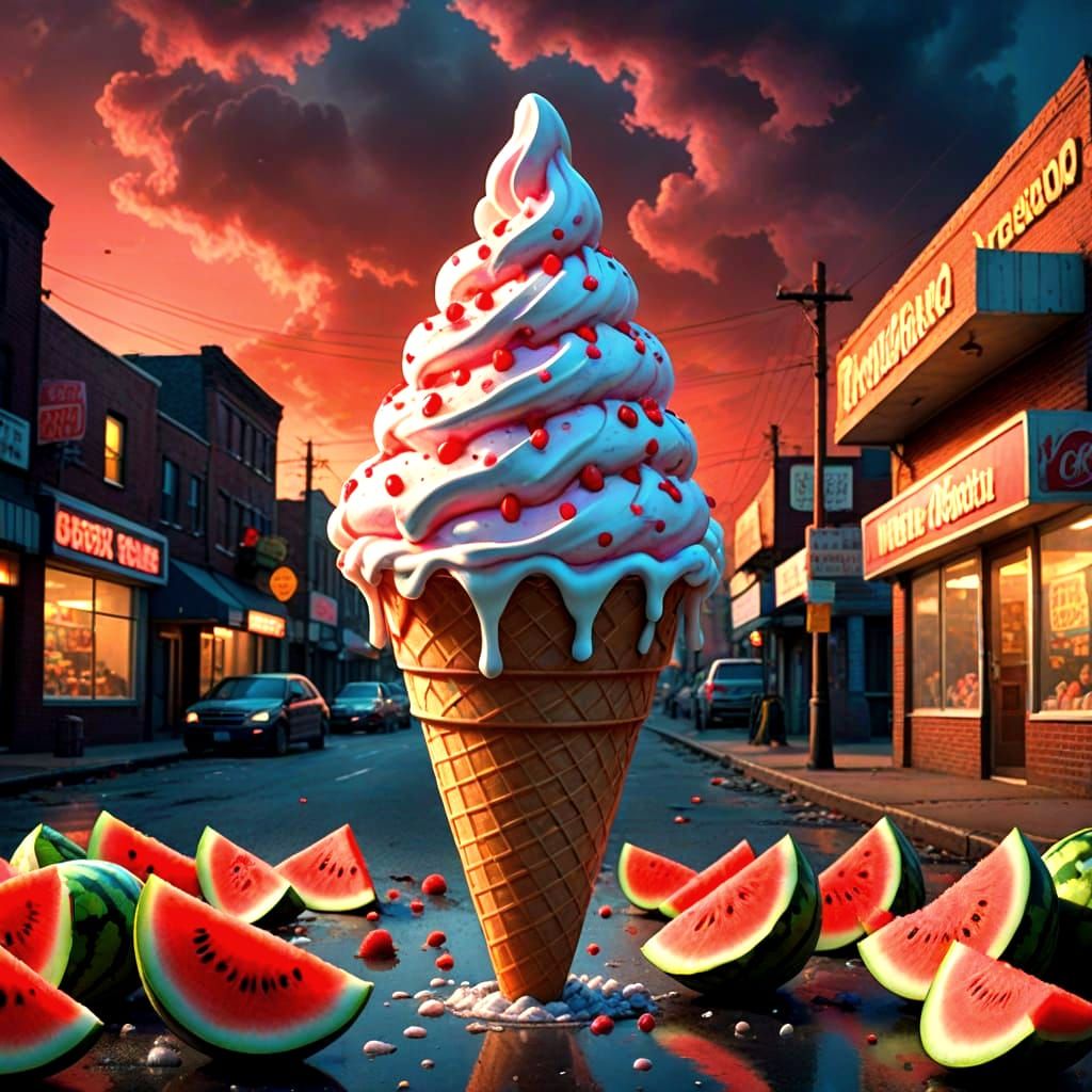 Epic Watermelon Sign in a Dramatic Maximalist Scene