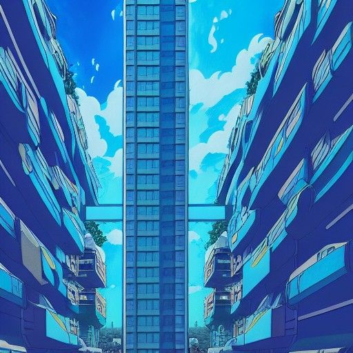 Anime Blue Building in Hyperdetailed Digital Painting