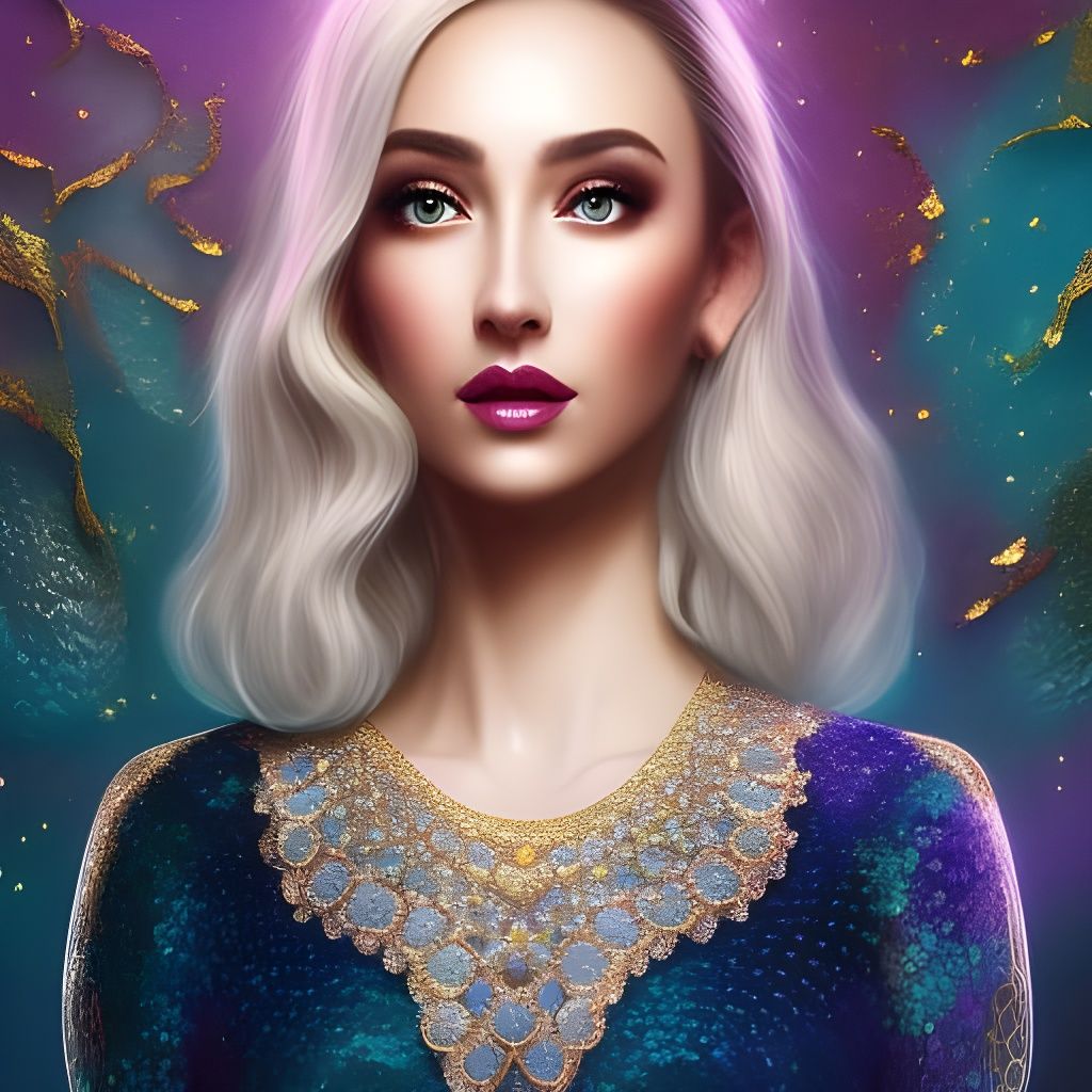 Ethereal Duck Woman Portrait with Damask Pattern