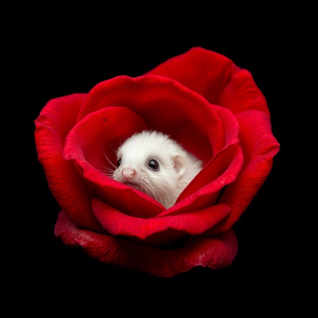 Weasel in Red Rose, Detailed Photorealistic Art