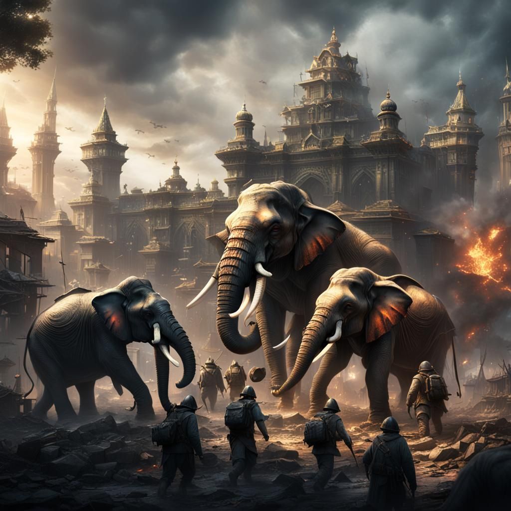 War Elephants Attack City: Fantasy Concept Art