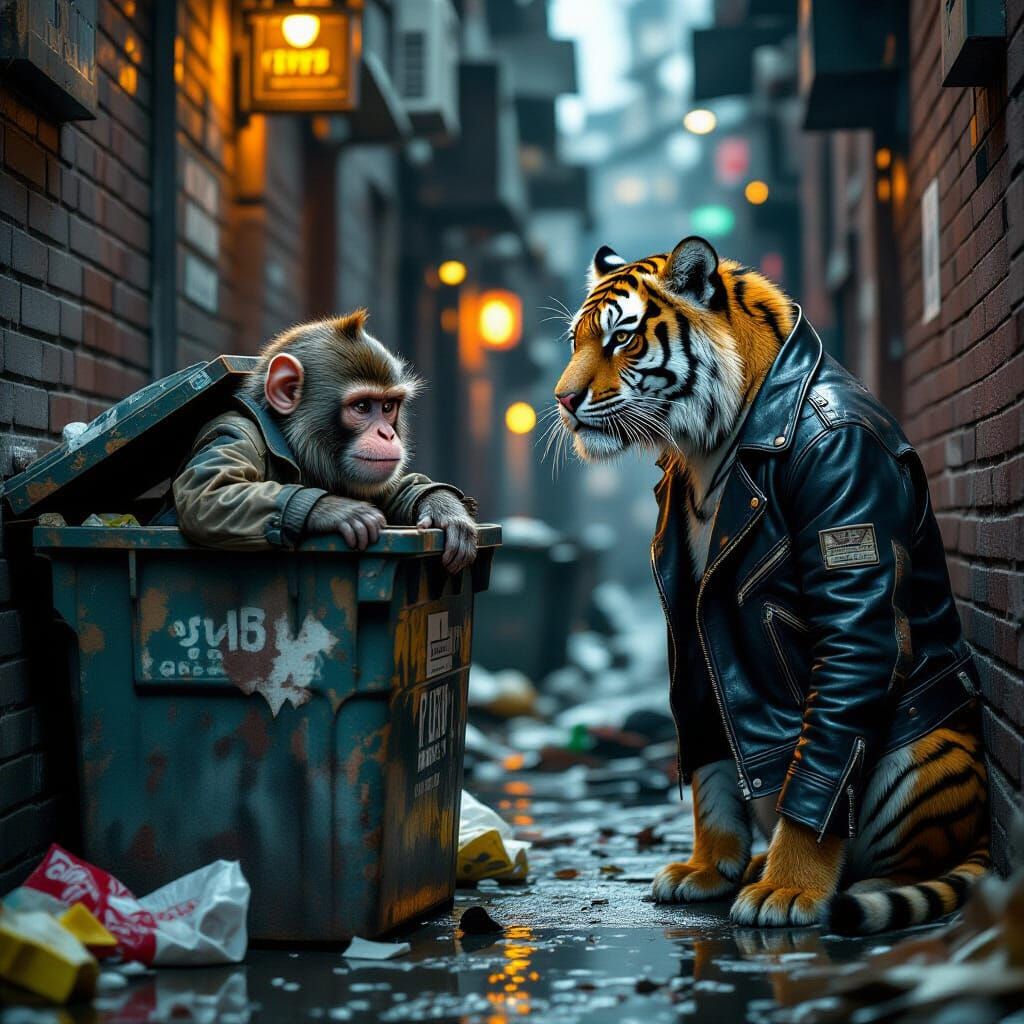 Monkey and Tiger in Grimy Alleyway Scene