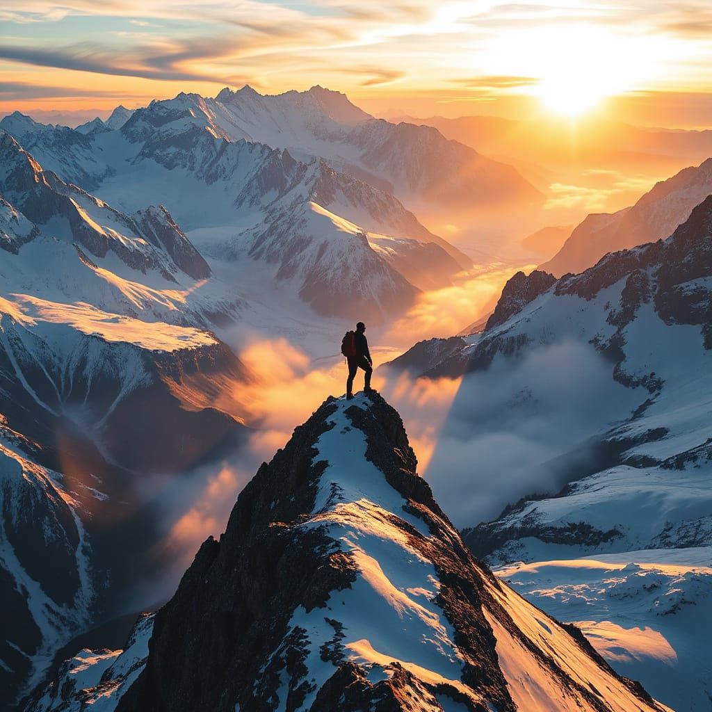 Lone Hiker on Glowing Alpine Ridge at Twilight