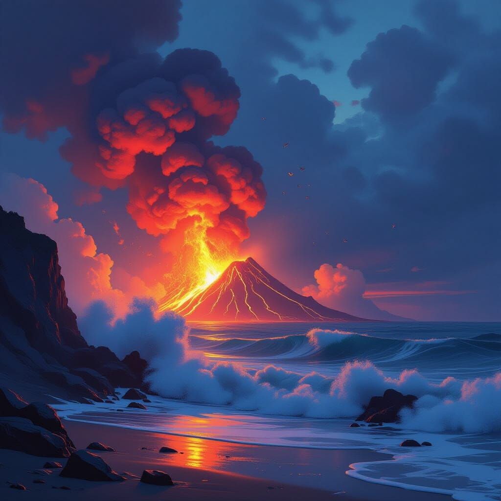 Volcano Erupts into Ocean with Dramatic Lighting