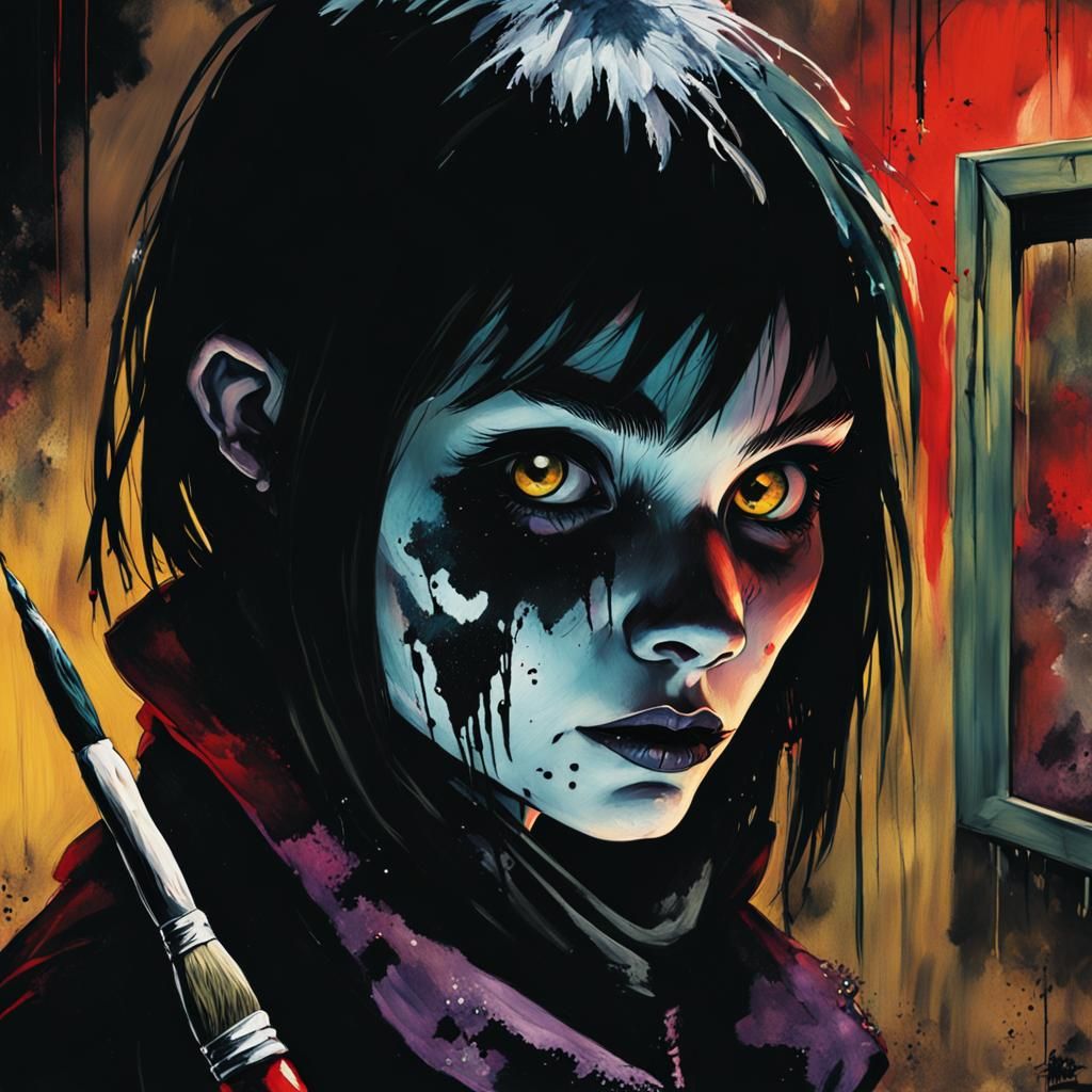 Goth Girl with Brush: A Jamie Hewlett-Style Painting
